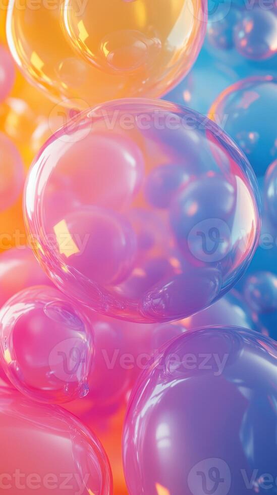 Colorful translucent bubbles float in a dreamy background with soft gradients of pink, orange, and blue photo