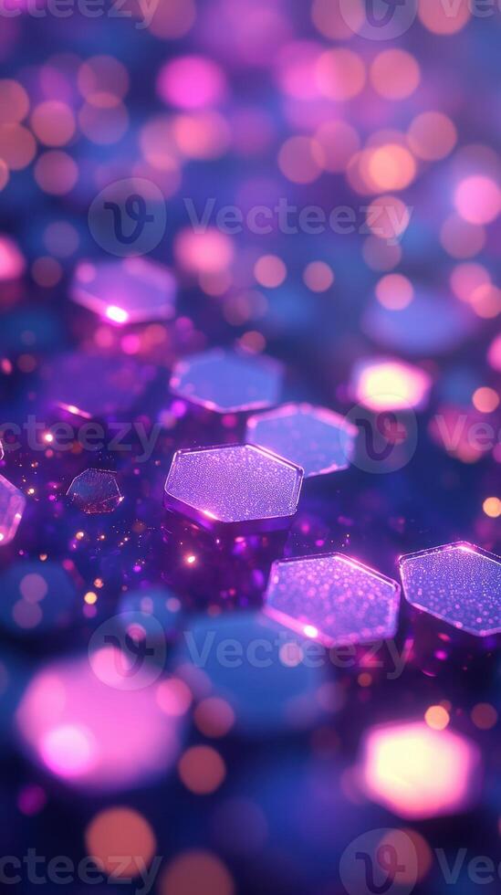 Vibrant hexagonal shapes shimmer with colorful lights in a blurred abstract background at dusk photo