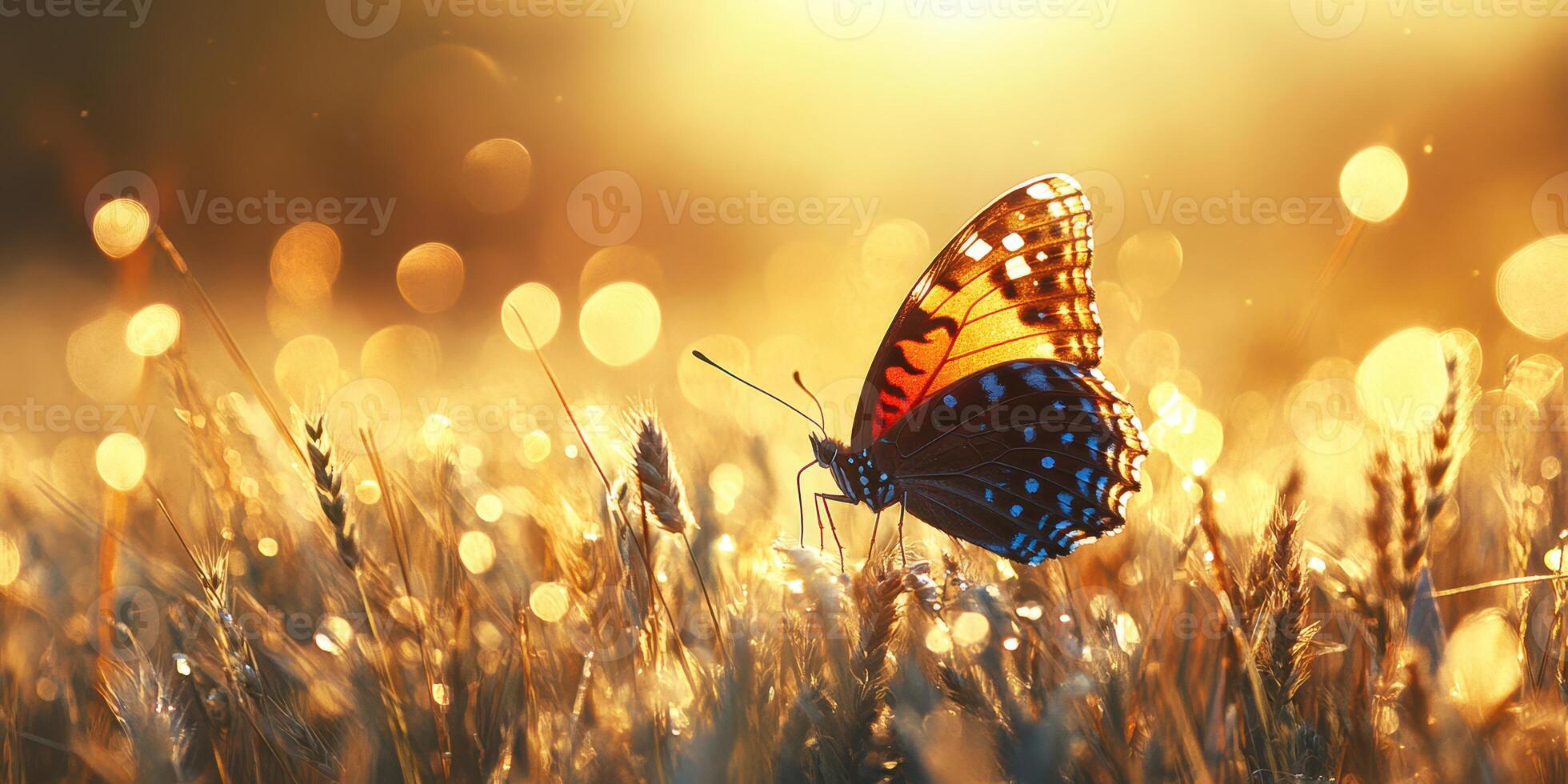 Colorful butterfly resting on golden grass during sunset in a tranquil field photo