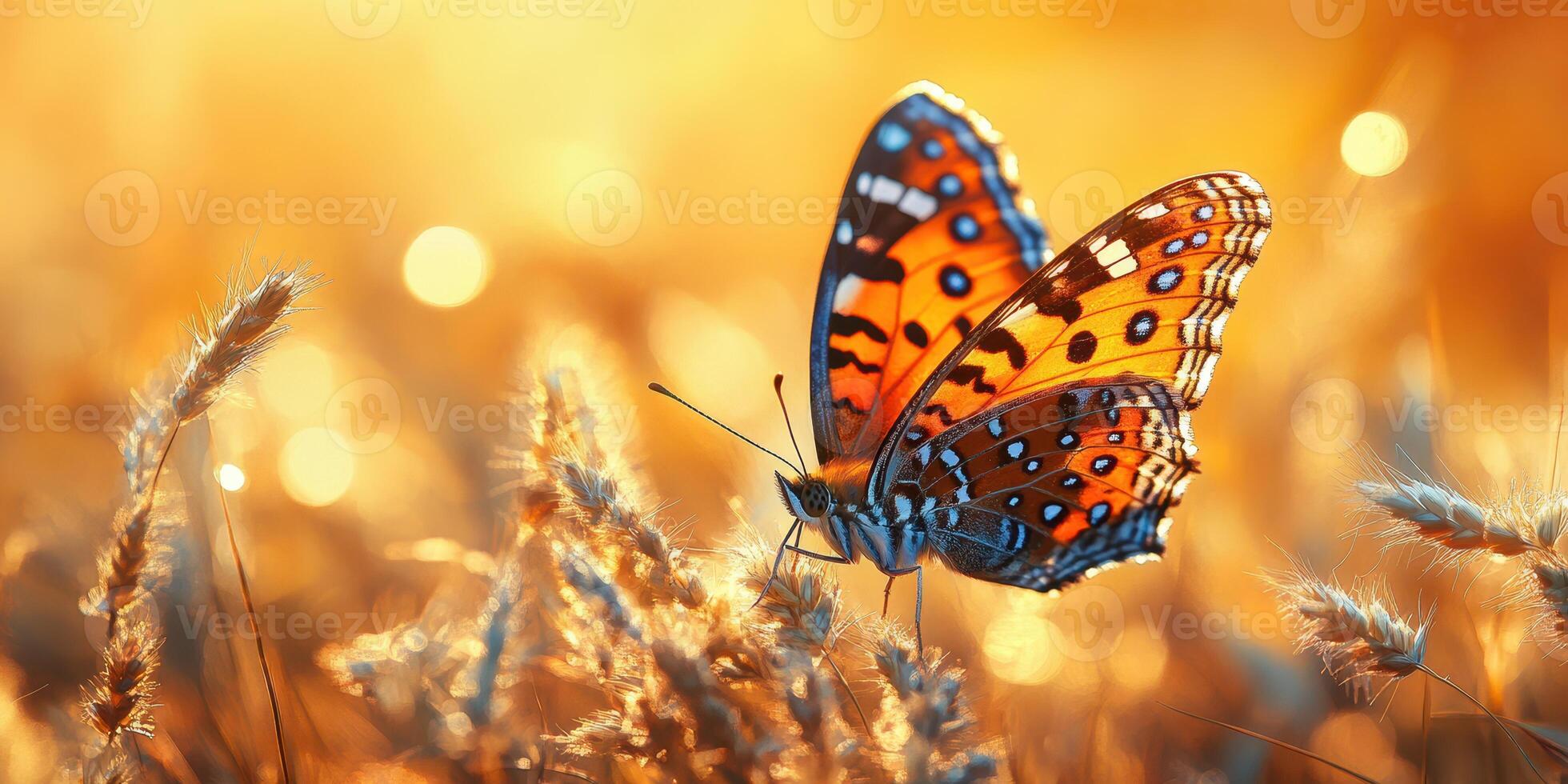 Colorful butterfly perched on golden grass during sunset in a tranquil meadow photo