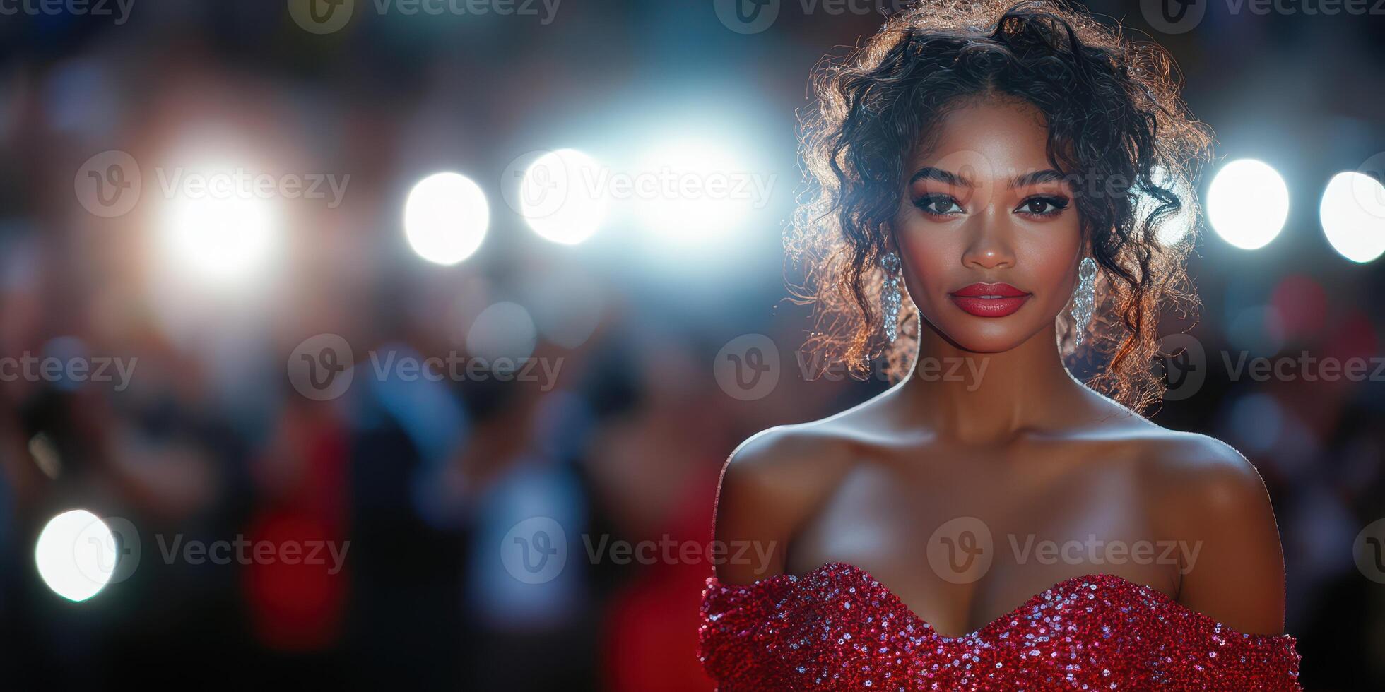 Stunning red gown highlights elegance at nighttime gala event with flashing lights and glamour photo