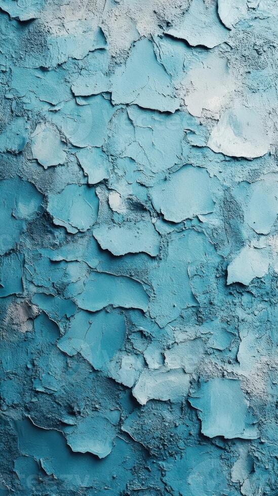 Blue textured wall displays layers of peeling paint and unique patterns under soft lighting at an art installation photo
