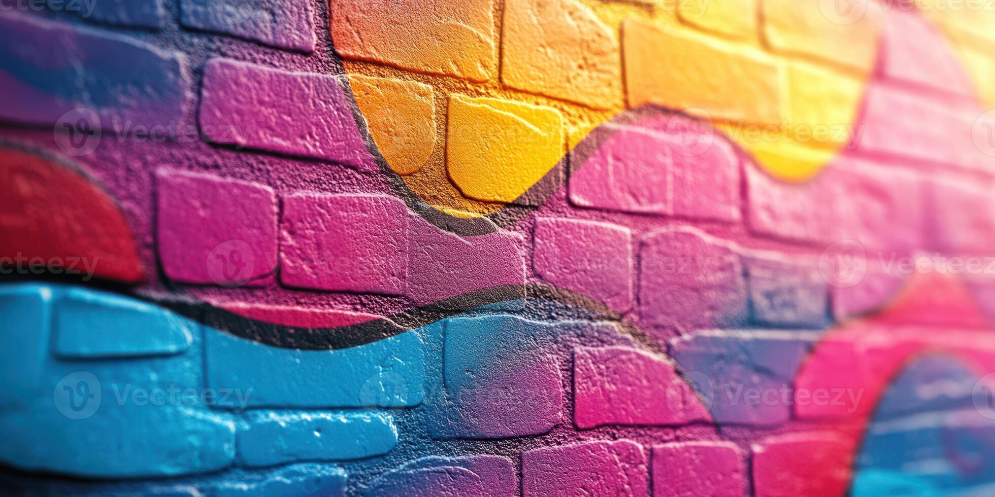 Vibrant street art adorns a brick wall with abstract shapes and colors in an urban setting photo