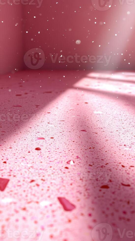 Bright pink terrazzo floor with scattered pieces and sunlight streaming in through a window photo