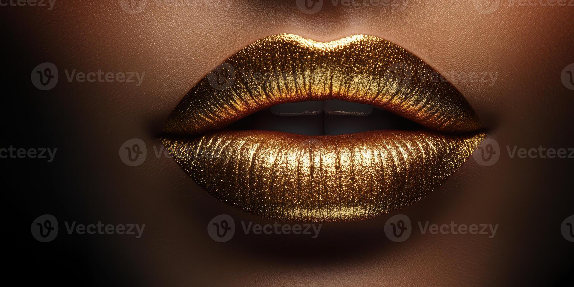 Glittering gold lips showcase bold makeup artistry at a beauty event photo