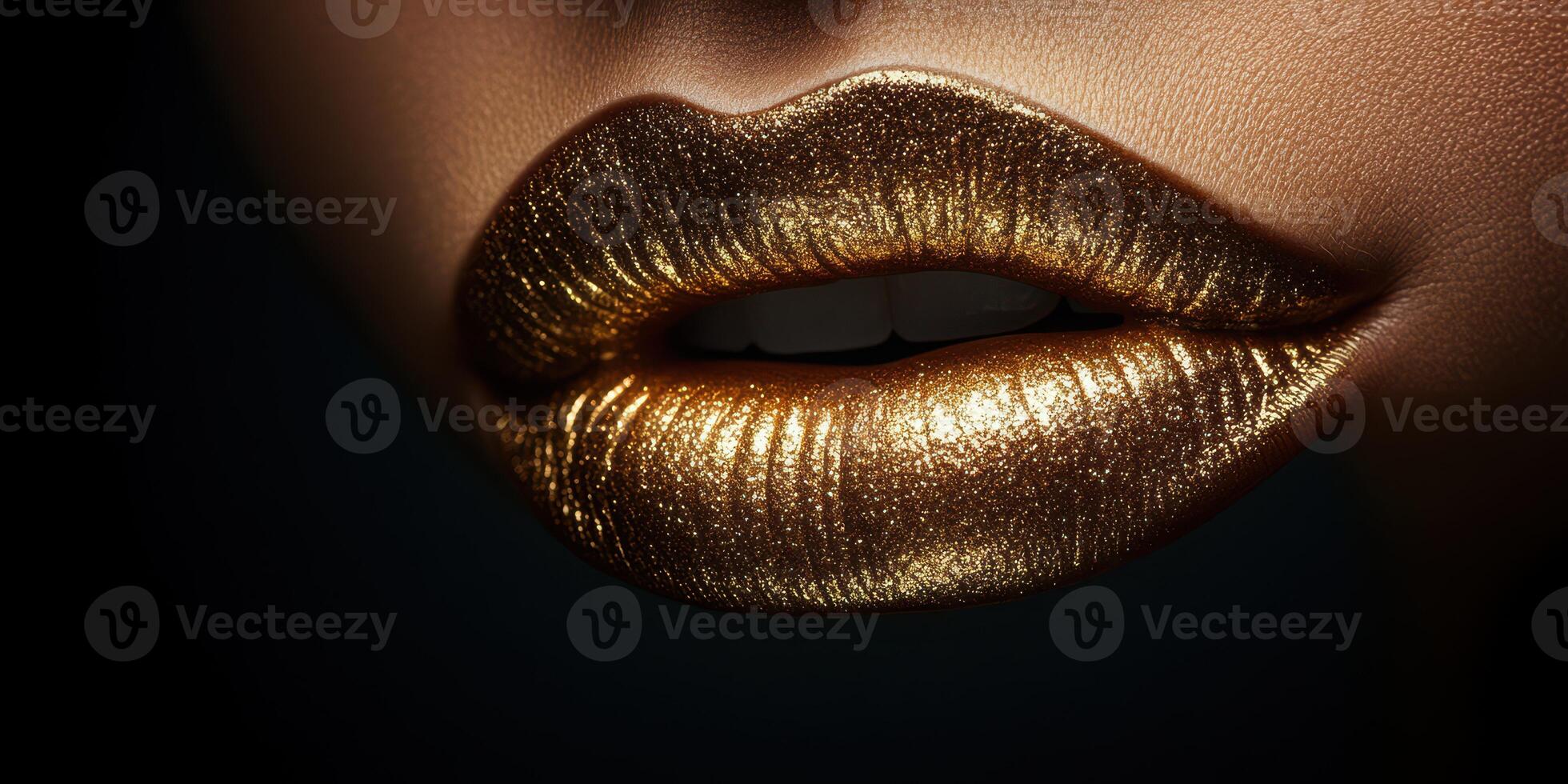 Striking close-up of glossy gold lips in dramatic lighting showcasing beauty and elegance photo