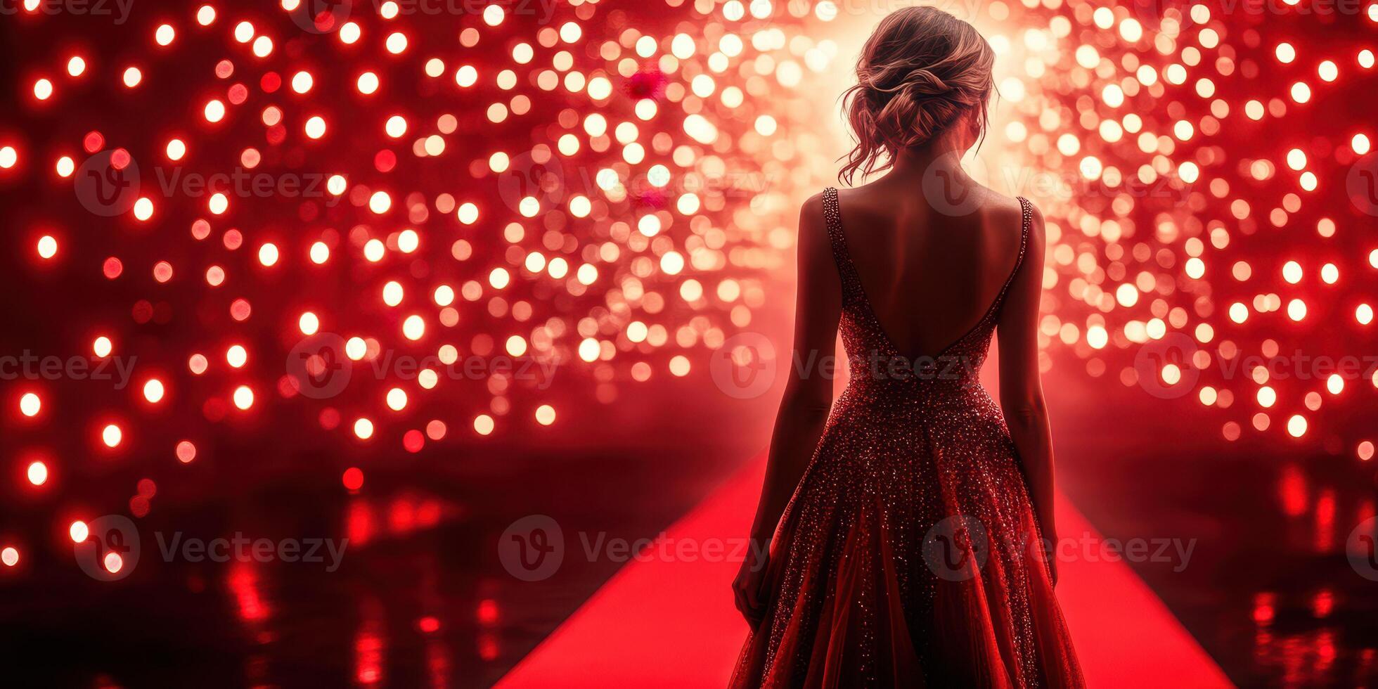 Woman in sparkling gown standing on red carpet under dazzling lights at an evening event photo