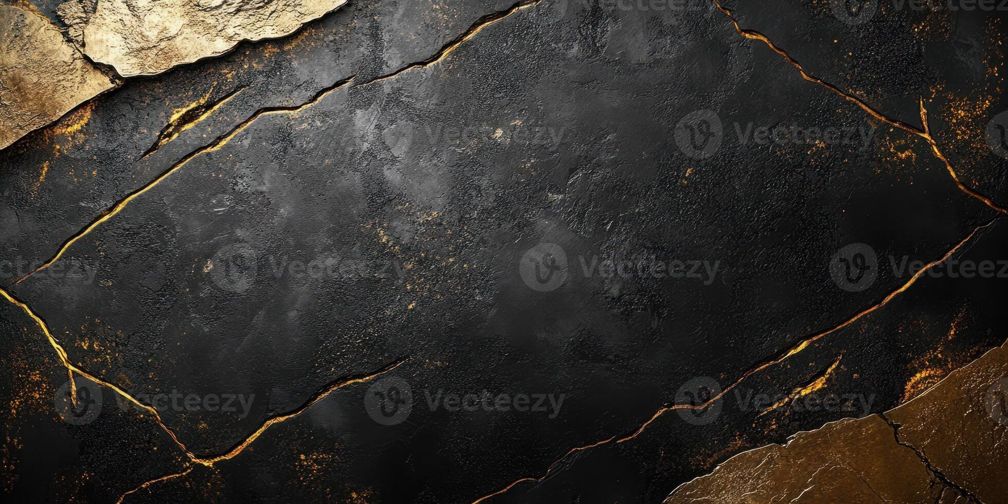 Dark textured surface with golden cracks featuring intriguing patterns and contrasts in a modern design backdrop photo