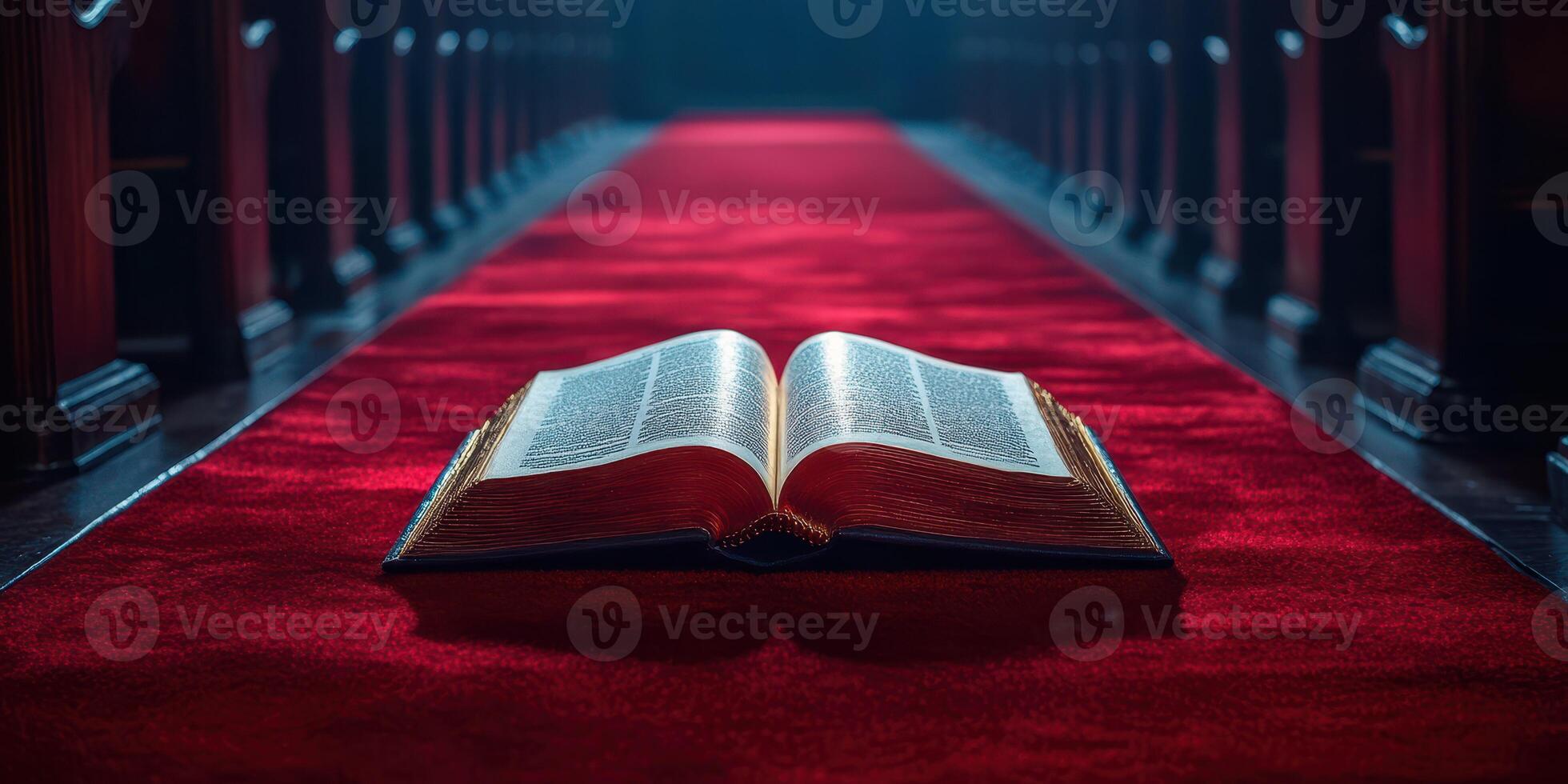 Open book resting on a red carpet in a quiet church sanctuary with wooden pews and soft lighting photo