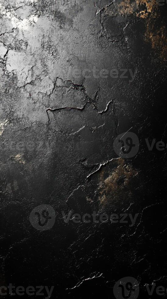 Textured black surface with cracks and highlights showcasing natural elements and depth in an abstract composition photo