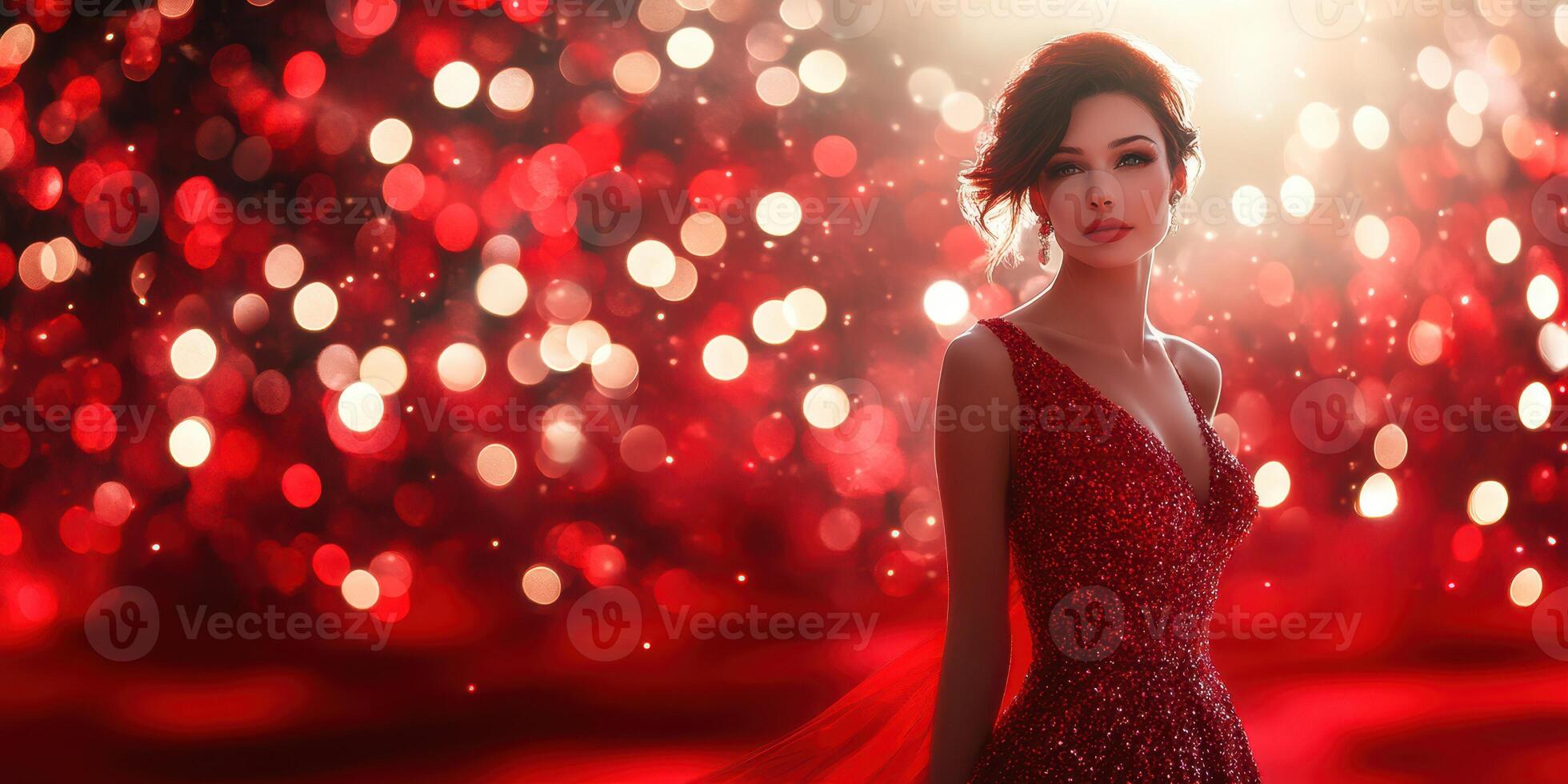 Elegant woman in red gown amidst shimmering background at festive evening event photo