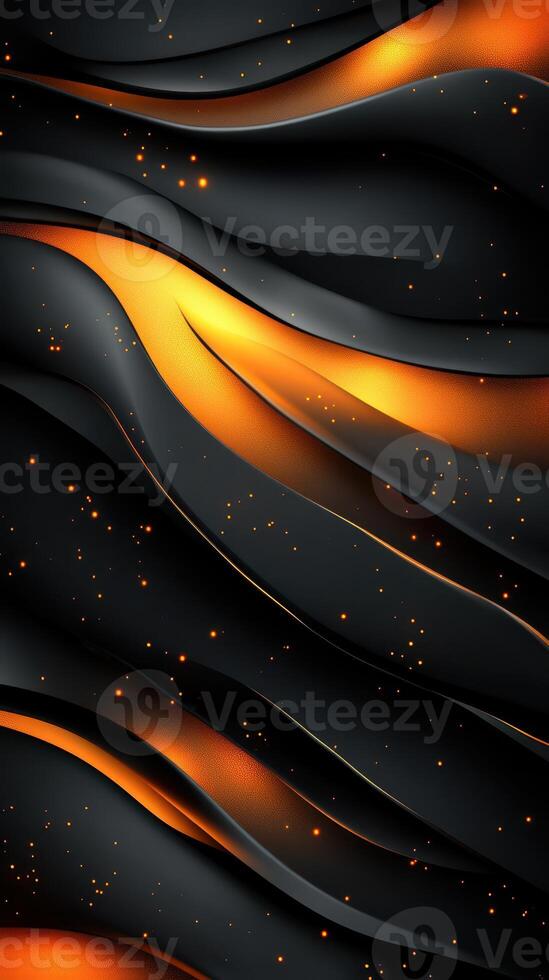 Abstract design featuring flowing black waves with glowing golden sections and sparkling details in a modern style photo