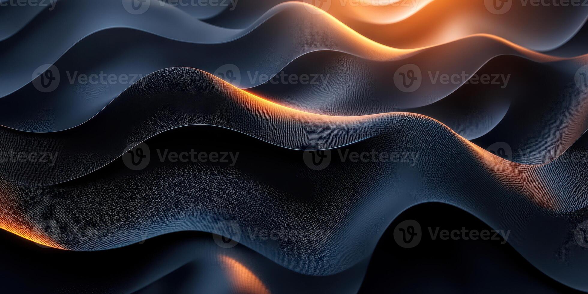 Textured waves in dark tones illuminated by warm light create an abstract composition in a serene setting photo
