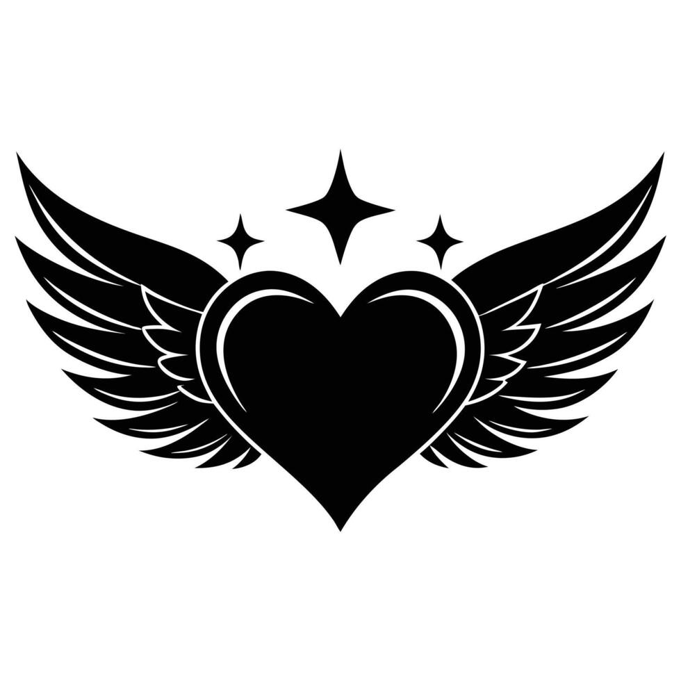 Black and White Heart with Wings and Stars Tattoo Design vector