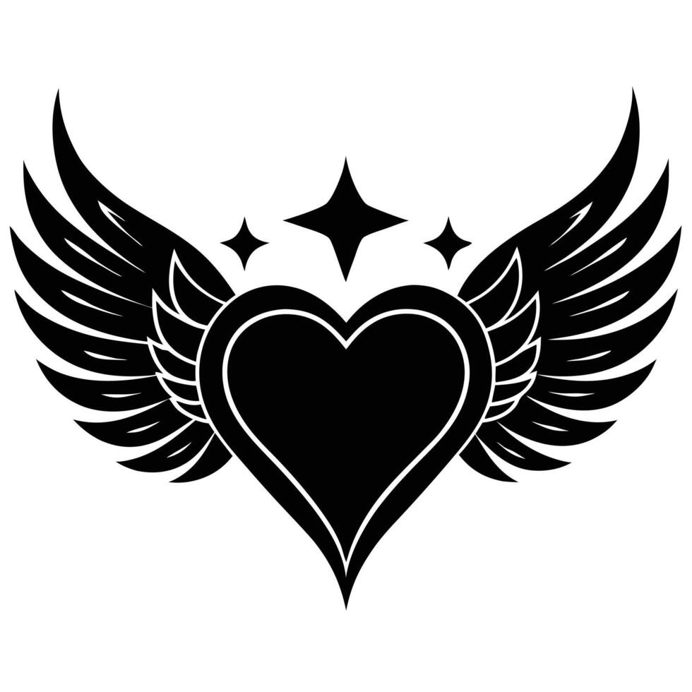 Black Heart with Wings and Stars Tattoo Design vector