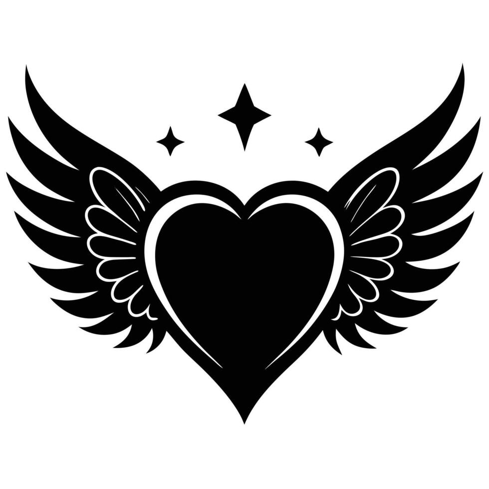 Black and White Heart with Wings and Stars vector