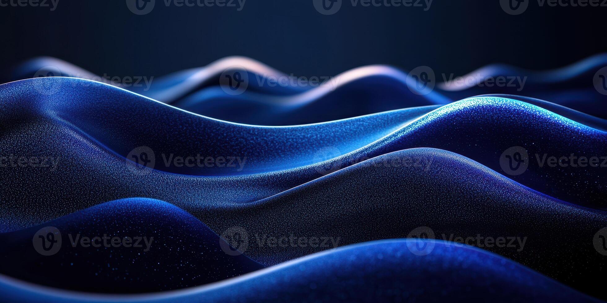 Waves of blue fabric flowing gracefully, illuminated by soft ambient light in a darkened environment photo