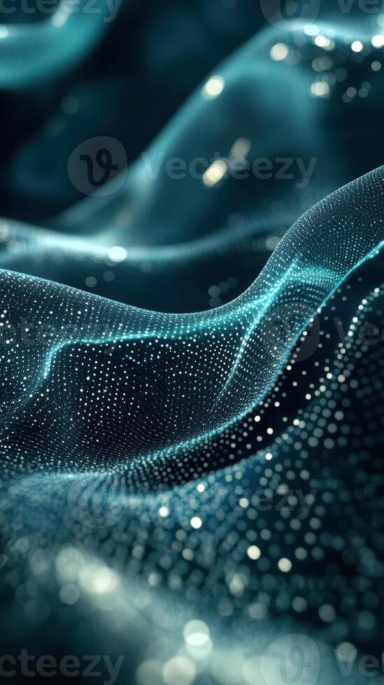 Visual representation of flowing waves of turquoise light with intricate patterns and textures in a digital landscape photo