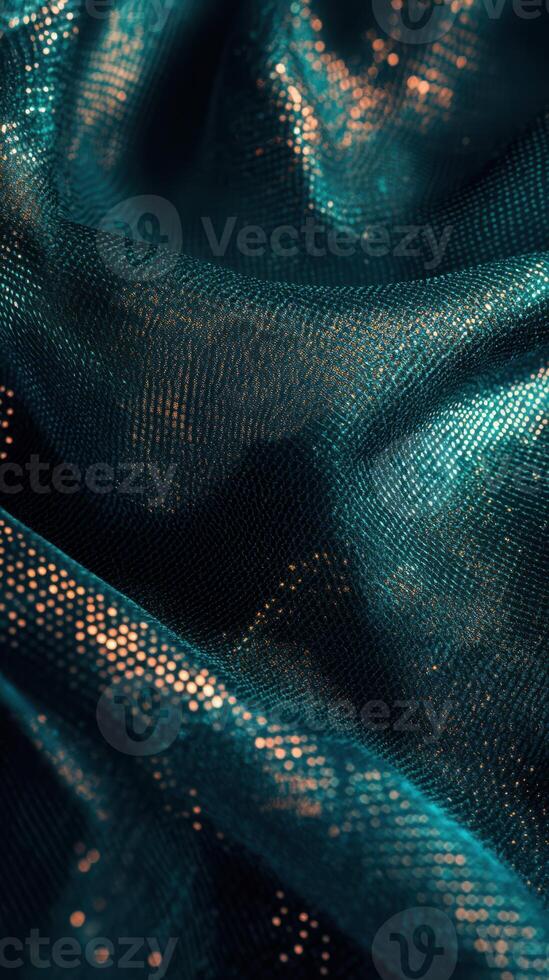 Elegant teal fabric with shimmering highlights captured in soft drapes under warm light photo