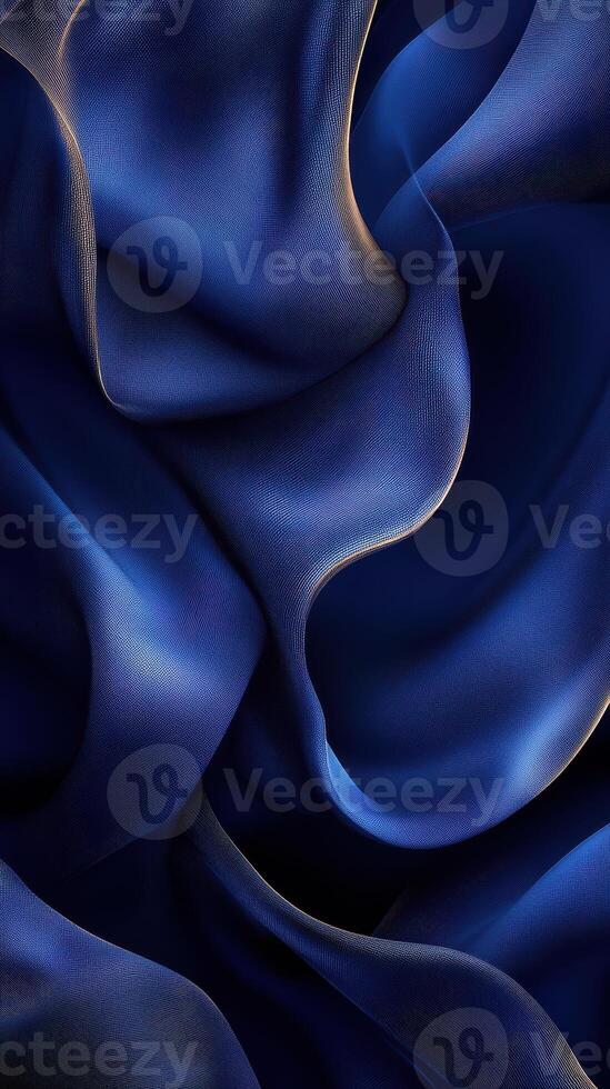 Elegant blue satin fabric swirling in soft waves with a smooth texture contrasting against light photo