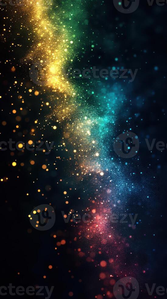 Colorful cosmic particles create a surreal interstellar pathway of light and energy in a dark backdrop photo