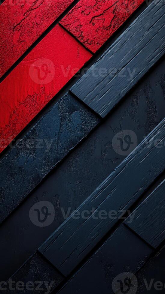 Textured wooden background with red and black paneling arranged diagonally in an artistic pattern photo