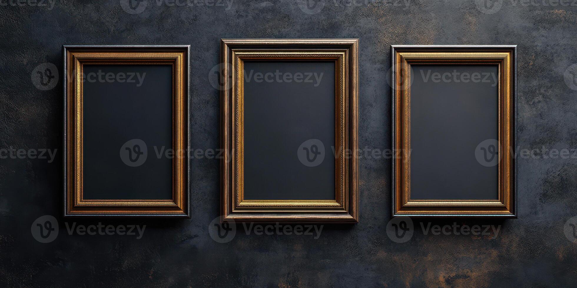 Three empty picture frames arranged symmetrically on a textured wall with a dark and elegant finish photo