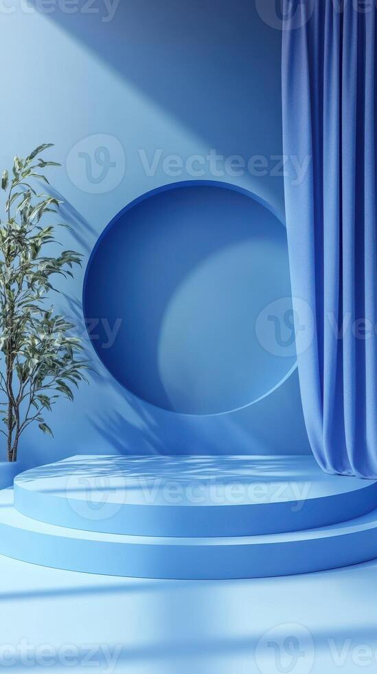 Blue minimalist stage with rounded backdrop and soft fabric curtain creating an inviting atmosphere for events photo
