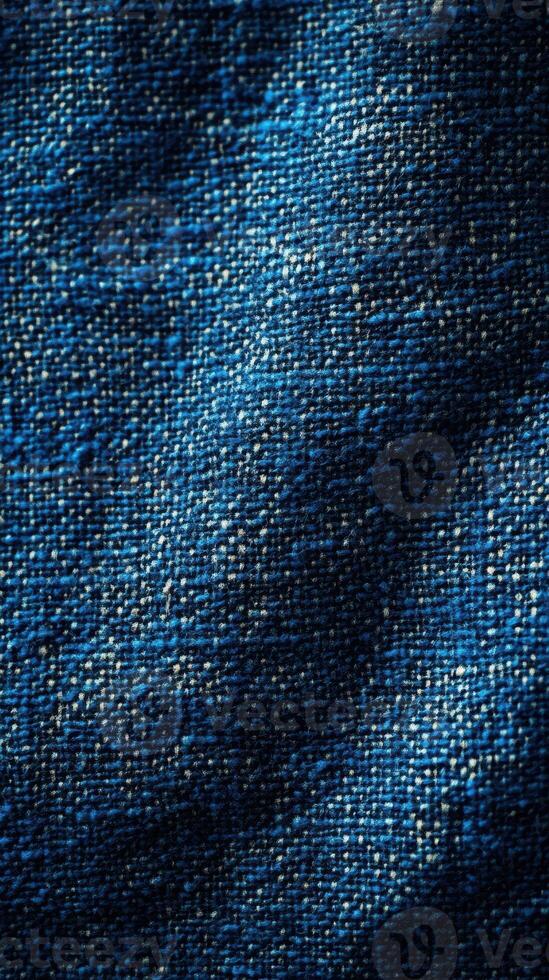 Close-up view of textured blue denim fabric with intricate weave patterns and natural variations in color photo