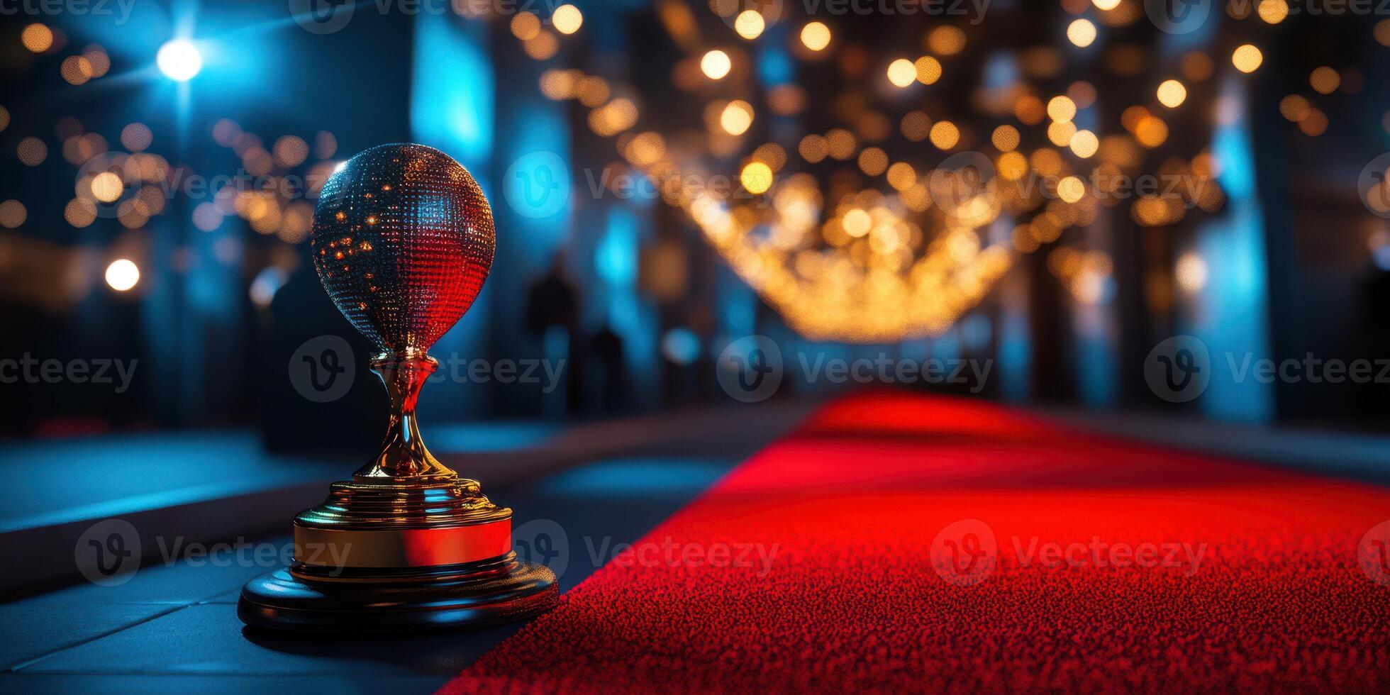 Shimmering trophy awaits stars on red carpet at a glamorous event with soft lights in the background photo