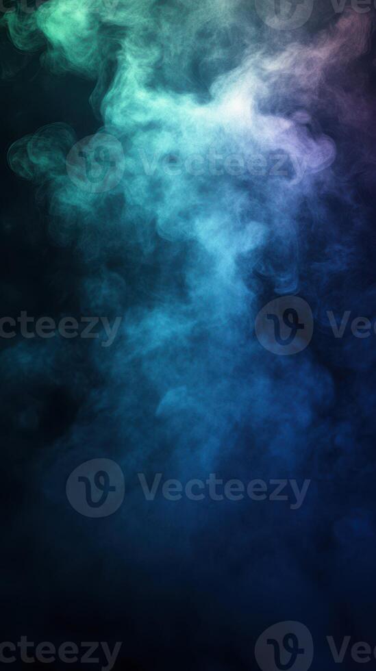 Colorful smoke swirling in the air creates an ethereal atmosphere during nighttime in a dimly lit environment photo