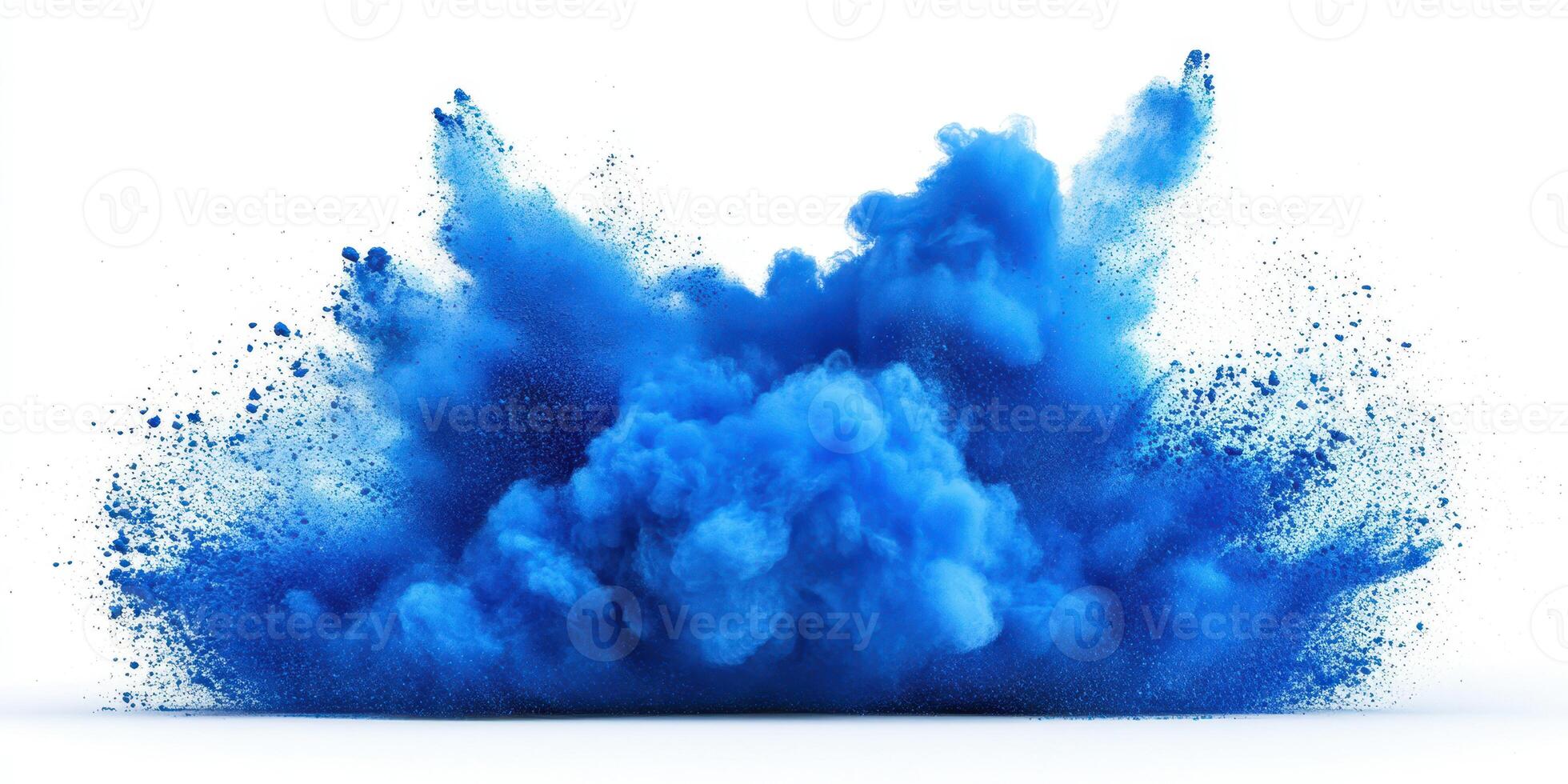 Vibrant blue powder explosion against a white background depicting dynamic motion and energy photo