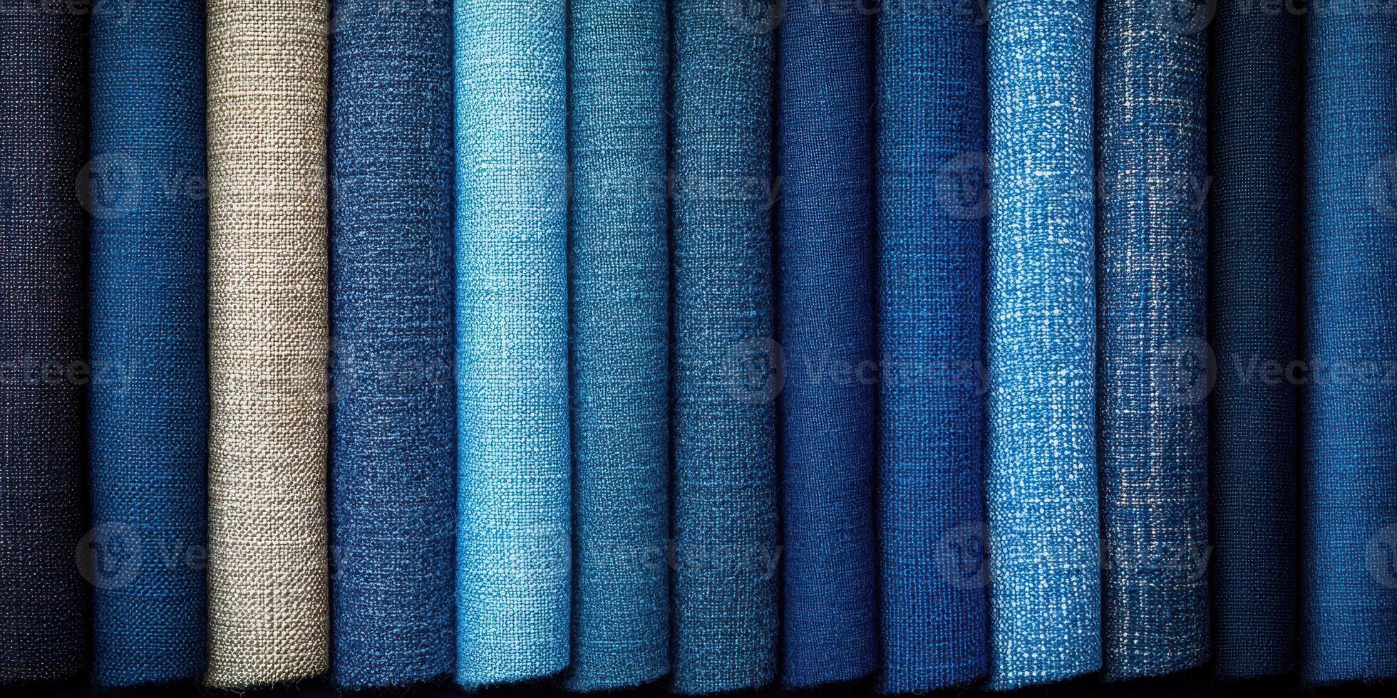 Various shades of blue textiles arranged neatly in a row for display and selection in a fabric store photo