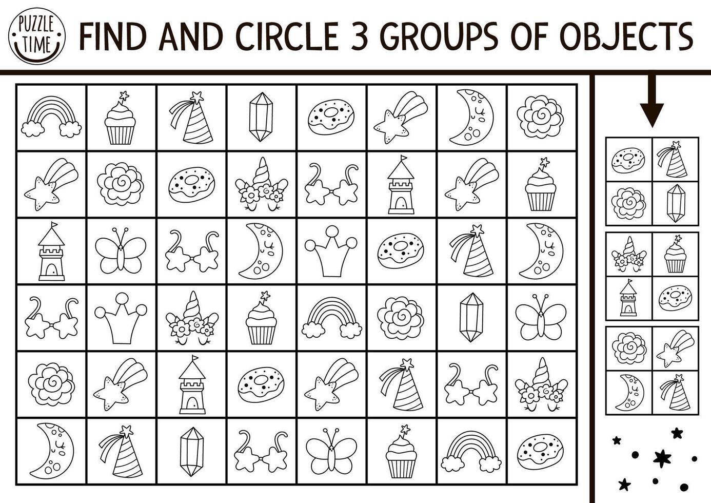 Unicorn black and white seek and find game. Attention skills puzzle with rainbow, crystal, star. Fairytale printable activity for kids. Find groups of objects. Fantasy searching puzzle, coloring page vector