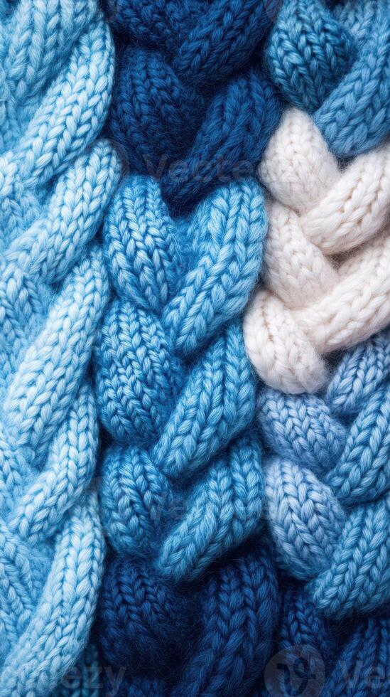 Textured knitted fabric with varying shades of blue and white intricately woven together photo