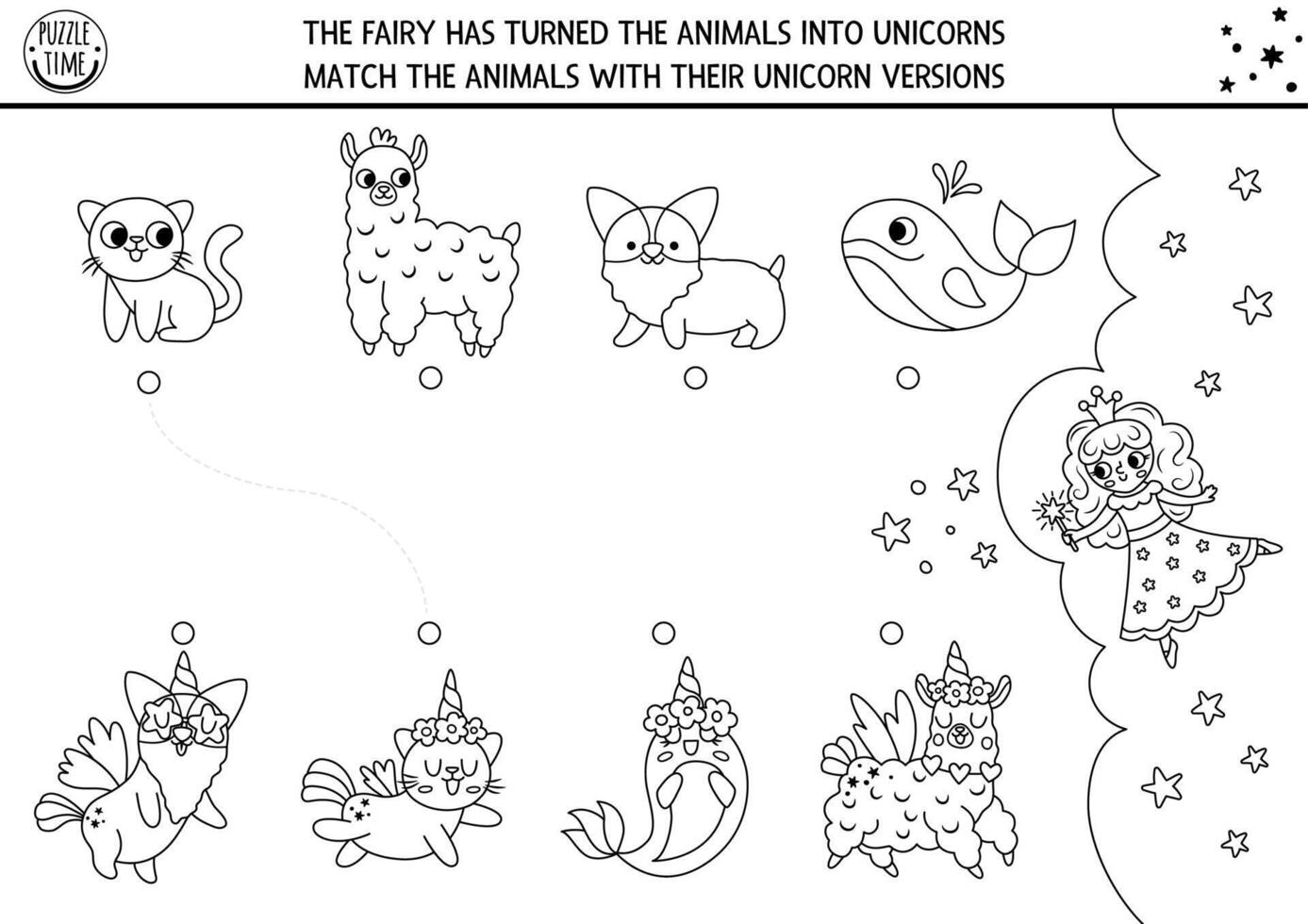 Unicorn black and white matching activity with fantasy creatures with horns. Fairytale puzzle with cat, dog, llama. Match the animals game or printable worksheet. Magic match up coloring page vector