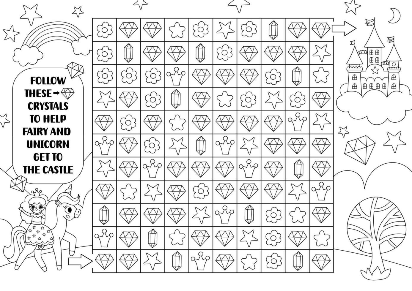 Unicorn black and white maze, seek and find game with gems, stars, flowers. Fairytale printable activity for kids. Logical searching puzzle, coloring page. Follow crystals to help fairy get to castle vector