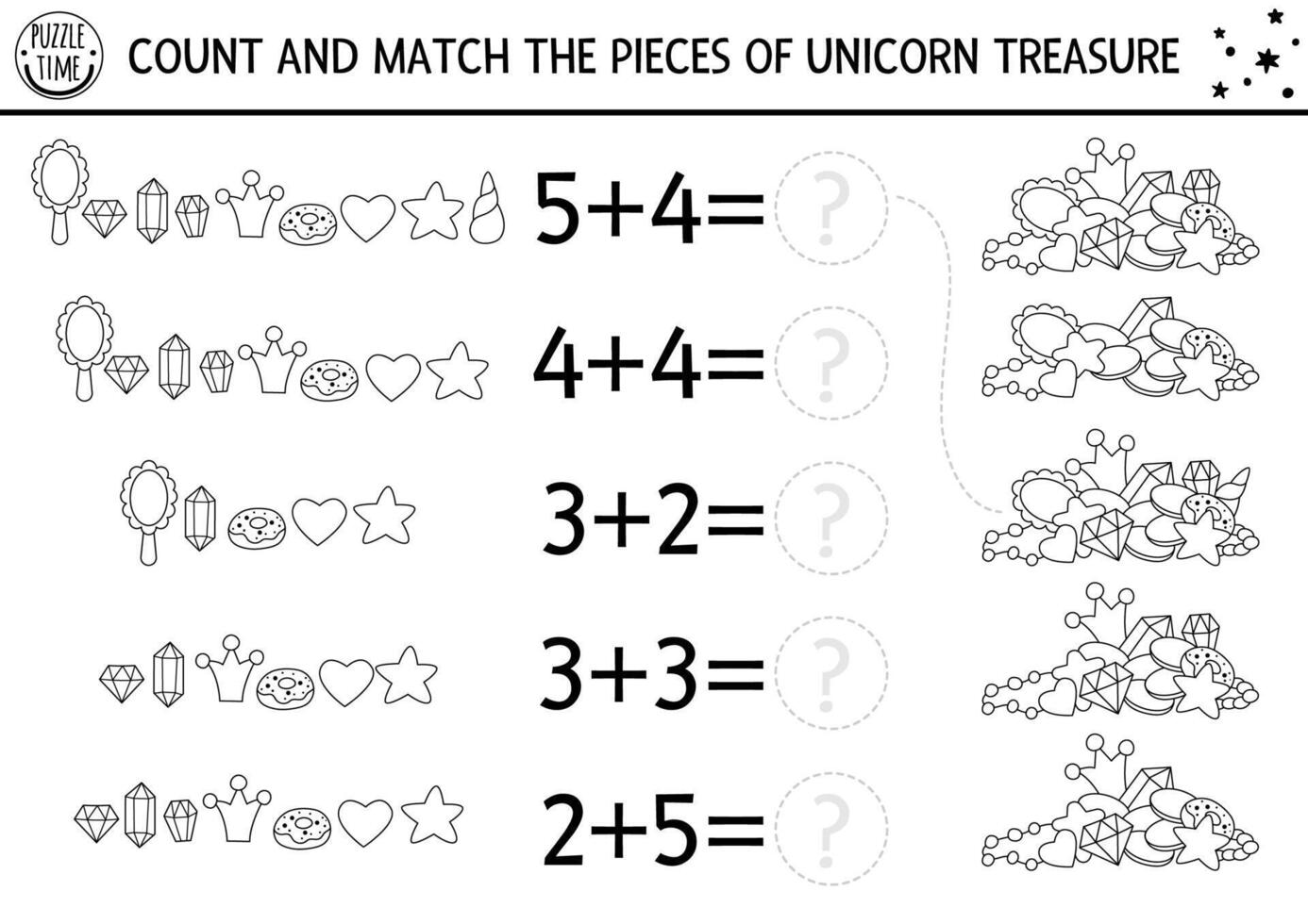 Mathematic black and white game with cute unicorn treasures. Magic, fairytale math addition activity. Fantasy world printable counting worksheet for kids. How many crystals coloring page vector