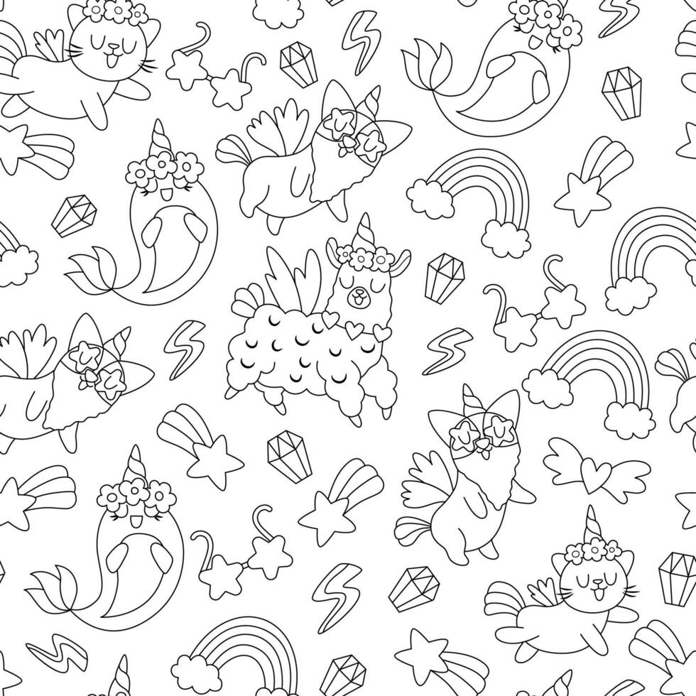 black and white seamless pattern for unicorn birthday party. Repeat background with fantasy animals with horns, falling star, crystal, rainbow. Fairytale digital paper or coloring page vector