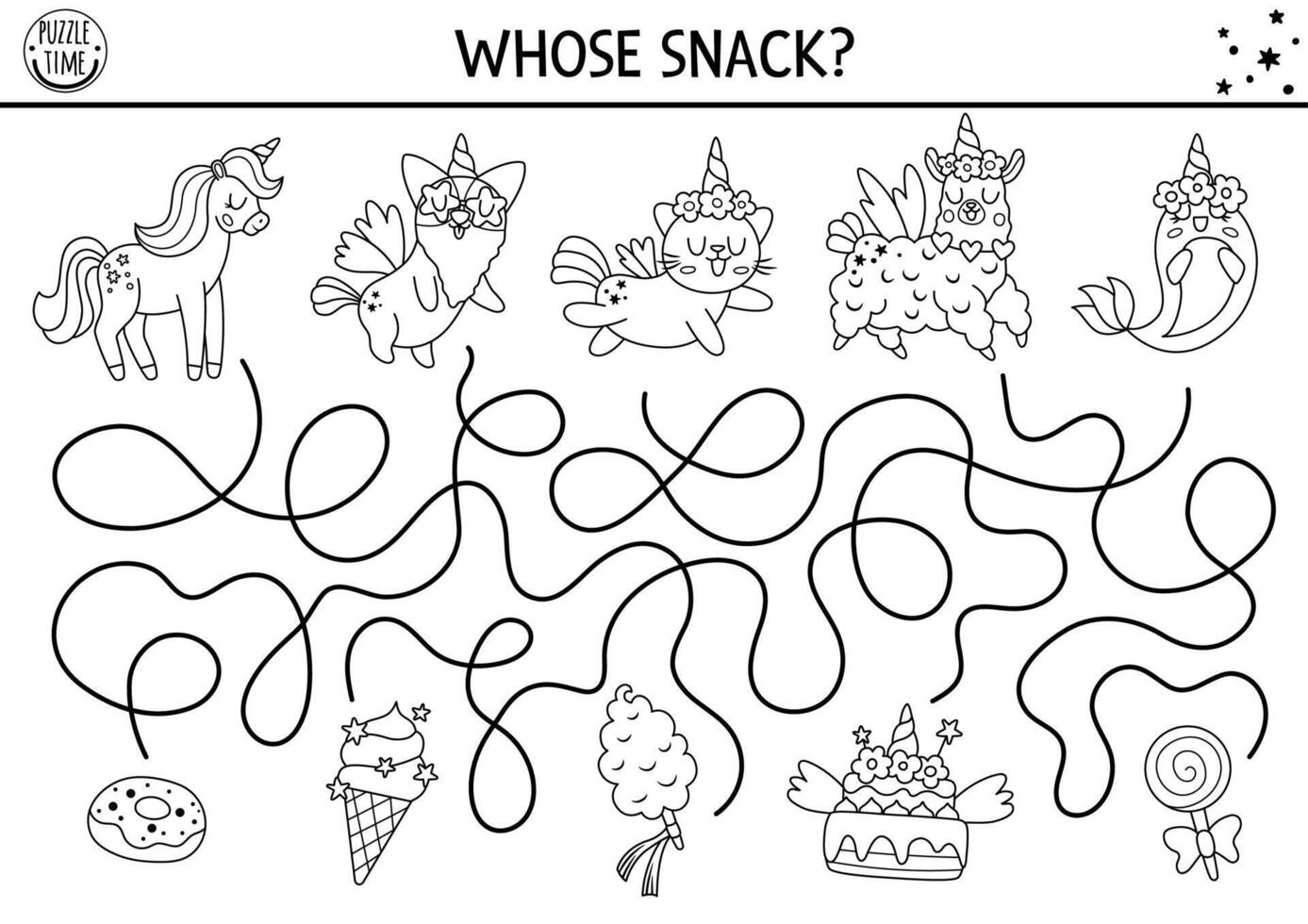 Unicorn black and white maze for kids with fantasy animals with horns and dessert snacks. Magic world printable activity, coloring page with cat, dog, llama, sweets. Fairytale labyrinth game, puzzle vector