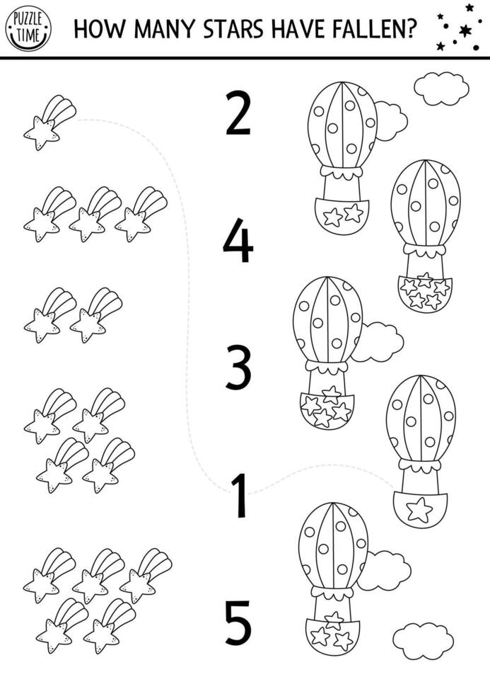 Black and white match the numbers unicorn game with fallen stars and hot air balloon. Magic, fairytale, space line math activity for kids. Fantasy world educational counting worksheet, coloring page vector