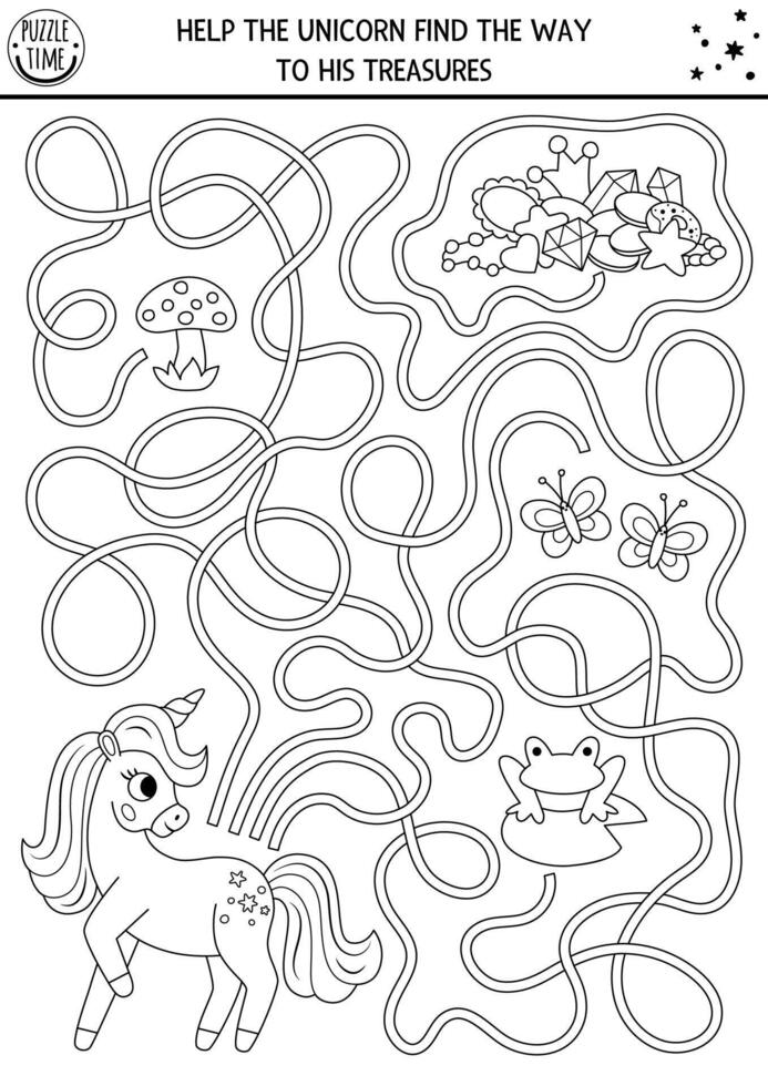 Unicorn black and white maze for kids with fantasy horse and treasures. Magic printable line activity or coloring page with crystal, crown, gems, butterfly, frog. Fairytale labyrinth game, puzzle vector