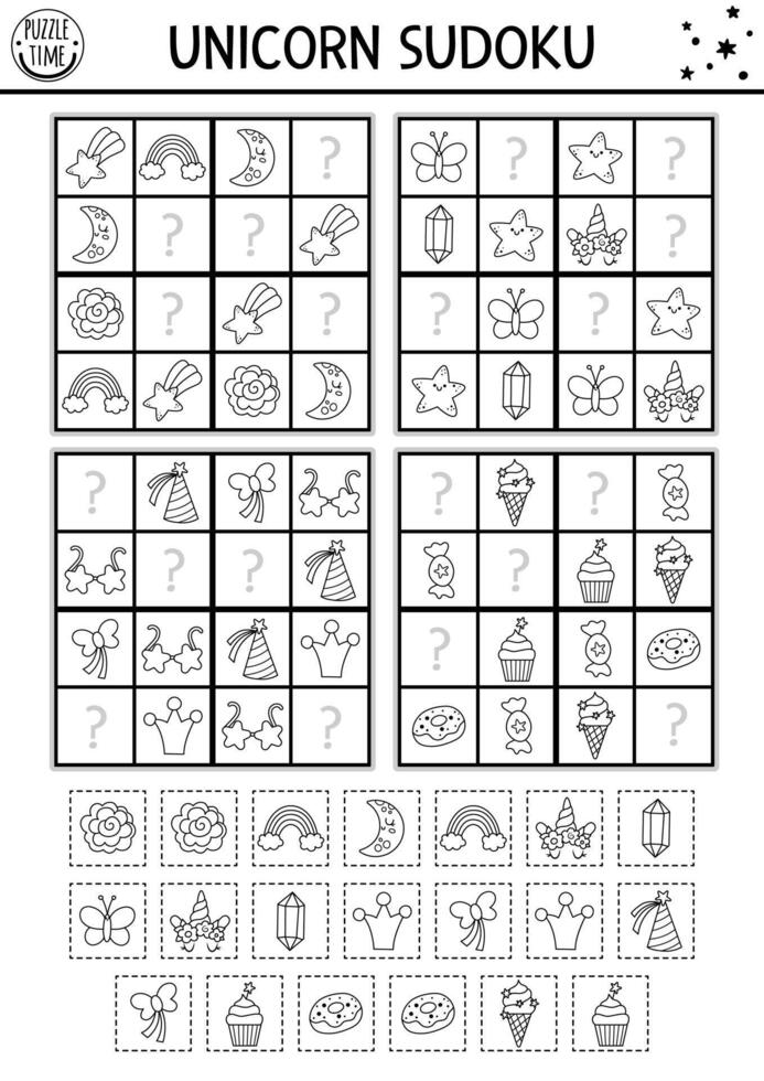 black and white unicorn sudoku puzzle for kids. Fairytale quiz with cut and glue elements. Education activity or coloring page with rainbow, crystal, falling star. Draw missing objects vector