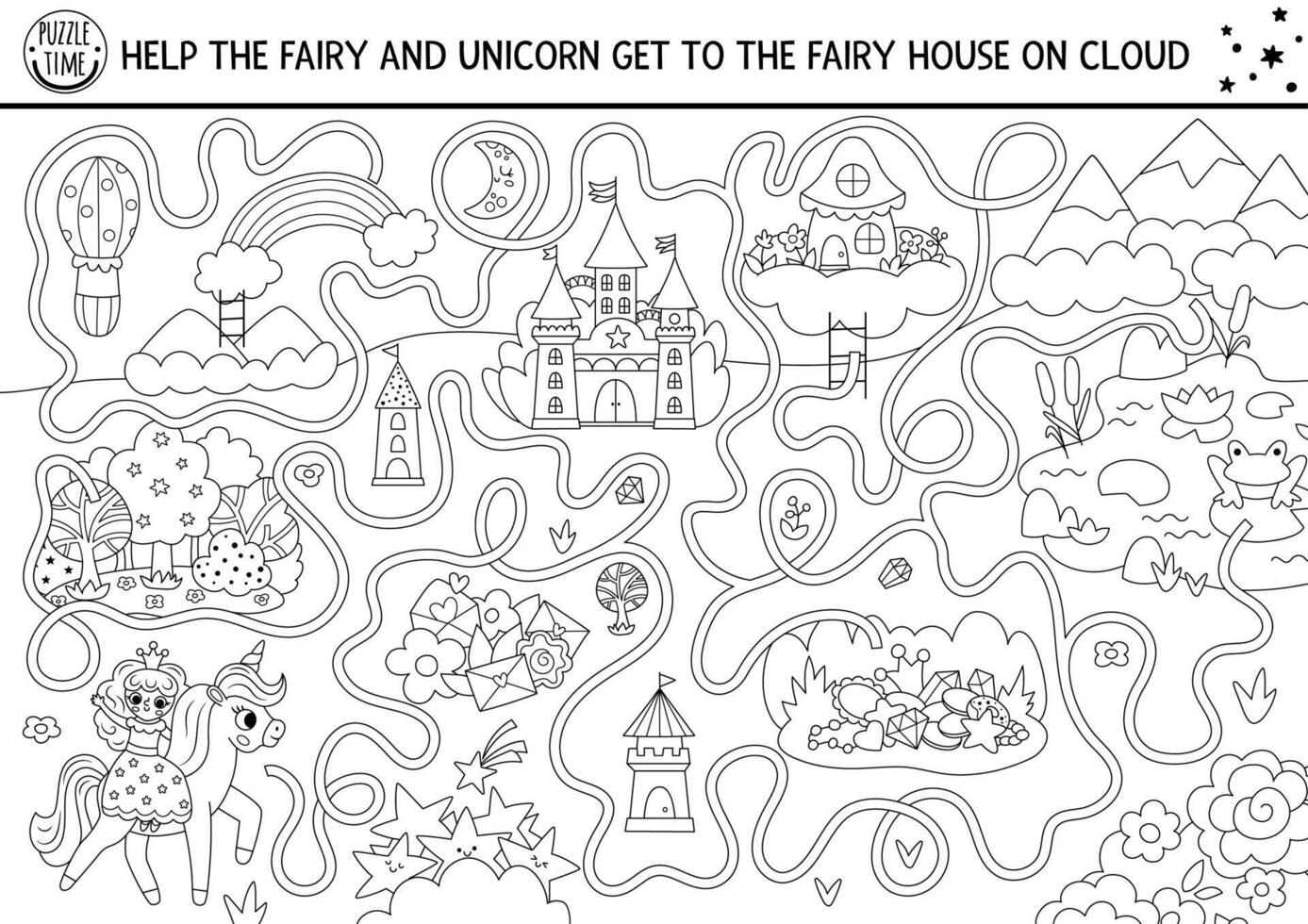 Unicorn black and white maze for kids with fantasy country map, castle, fairy house. Magic printable activity with mountains, pond, rainbow. Fairytale line labyrinth game, puzzle, coloring page vector