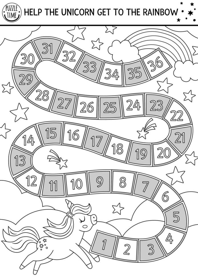 Unicorn black and white dice board game with cute rainbow and falling stars. Fairytale boardgame with fantasy animal, sky, clouds. Magic world printable line activity, worksheet, coloring page vector