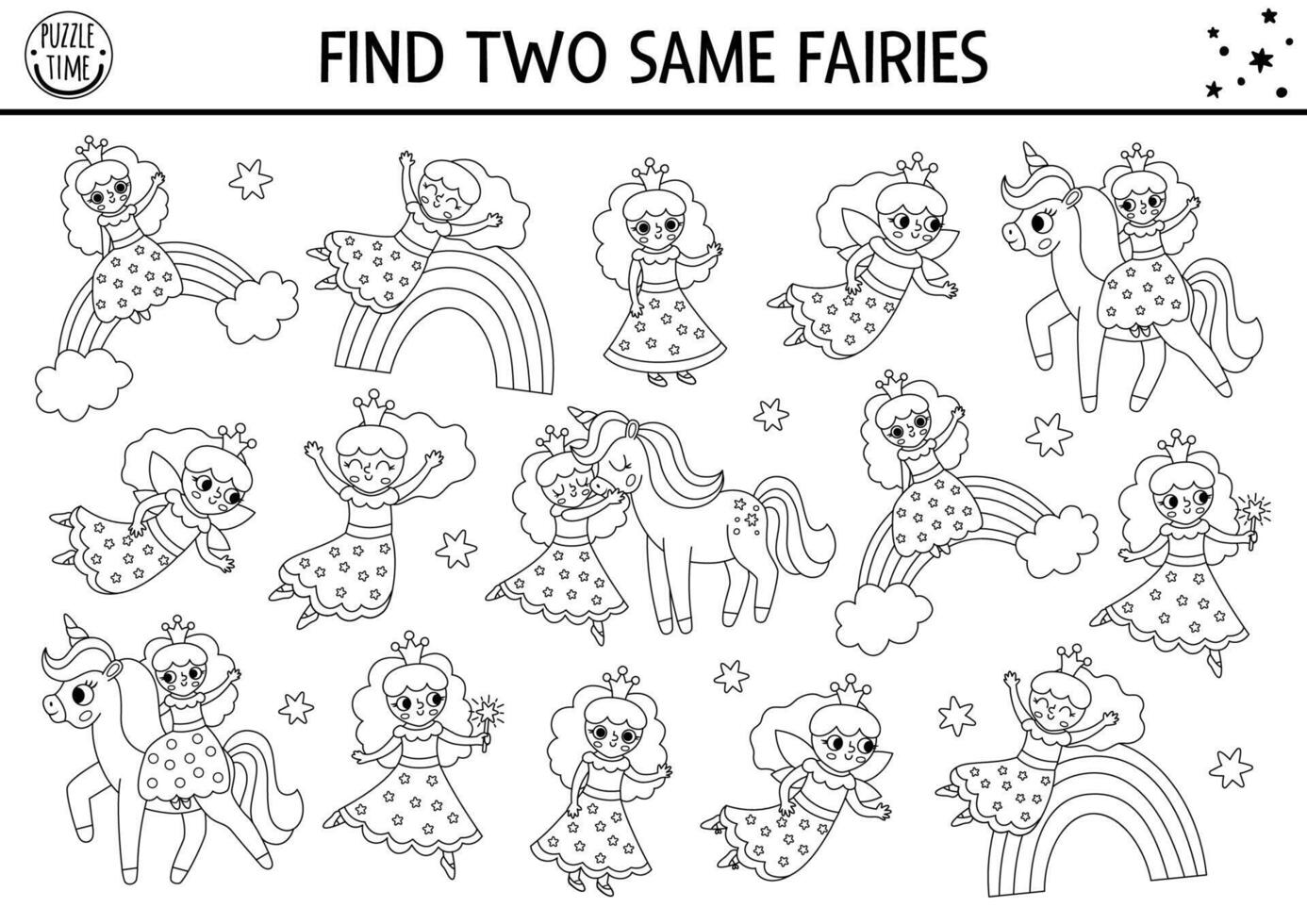 Find two same fairy girls coloring page. Magic world matching activity for children. Fantasy, fairytale educational quiz worksheet for kid. Simple black and white printable game with little princess vector
