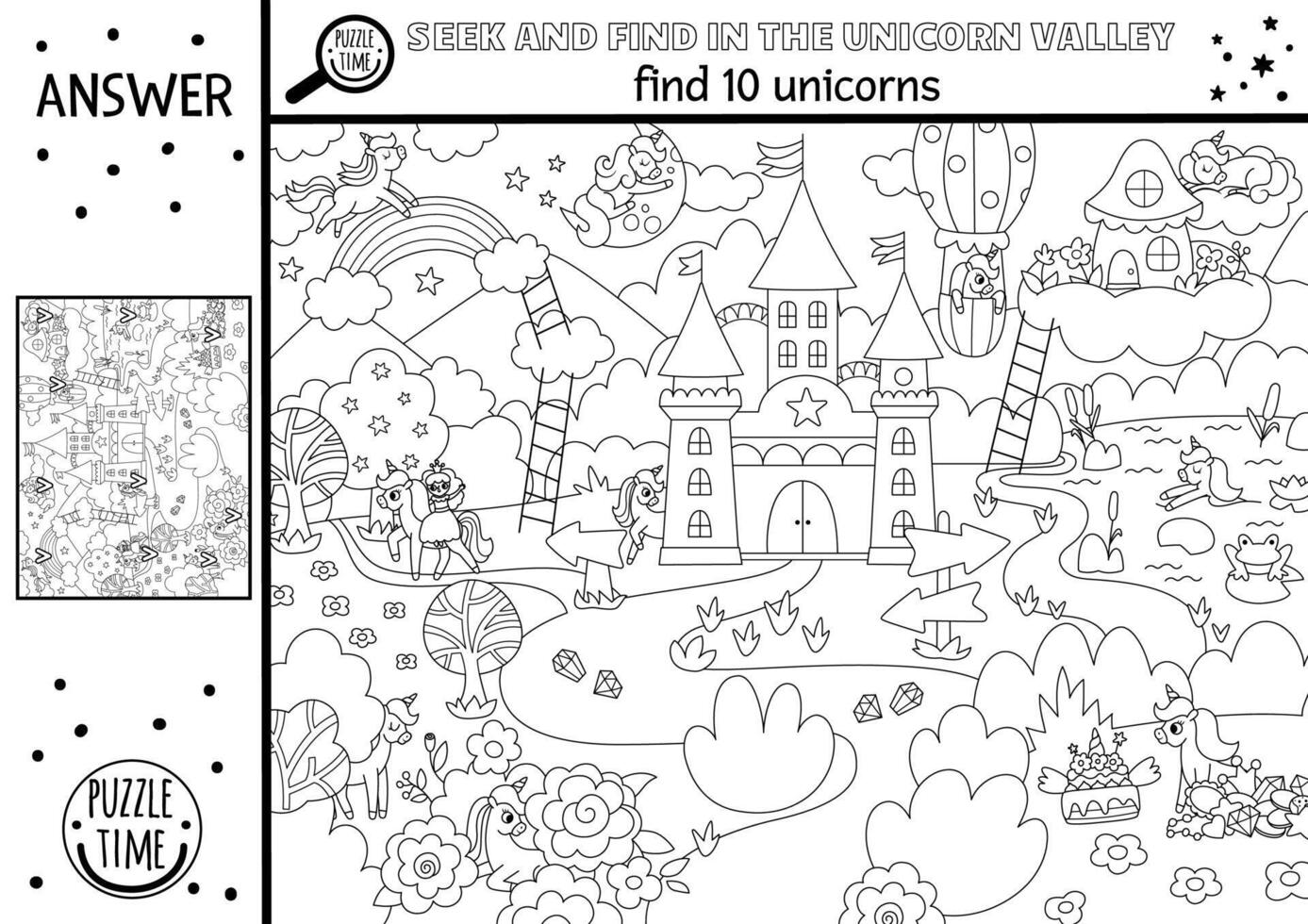 black and white searching coloring game with magic village landscape. Spot hidden unicorns. Simple line fantasy or fairytale seek and find printable activity for kids with castle, rainbow vector