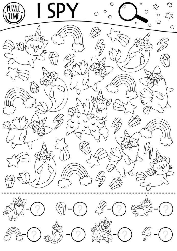 Unicorn black and white I spy game for kids. Searching and counting activity with rainbow, animals, falling star. Magic or fantasy printable worksheet. Fairytale spotting puzzle, coloring page vector