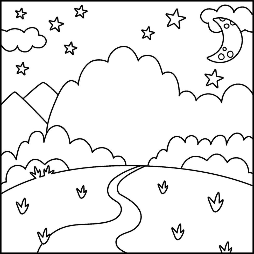 black and white abstract background with stars, moon, forest, road stretching into the distance. Magic or fantasy world line scene. Cute fairytale square nature landscape, coloring page vector