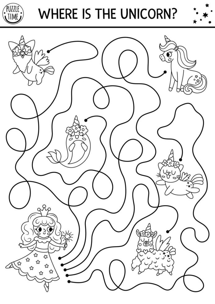 Black and white maze for kids with fairy and fantasy animals with horns. Magic printable activity with cute characters. Fairytale labyrinth game. Where is the unicorn line puzzle, coloring page vector
